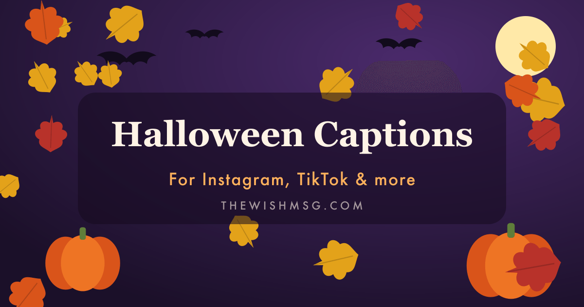 Halloween captions with bats, a full moon and pumpkins