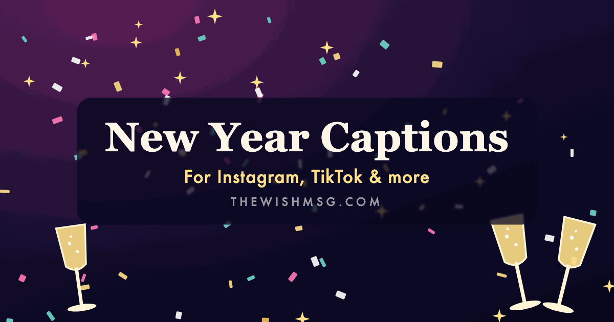 New Year captions with champagne glasses and gold confetti